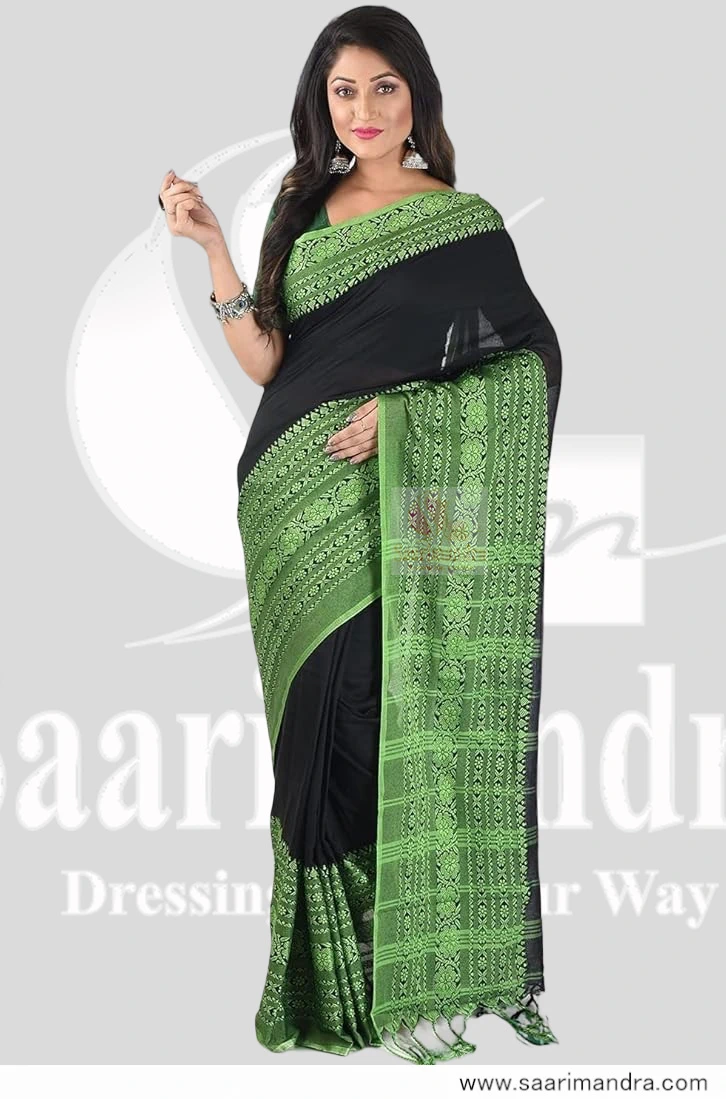 Handloom Indian Premium Black Saree with Rich Green Woven Border